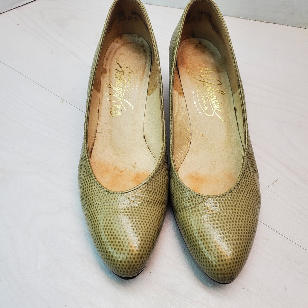 Johansen Vntg Lizard Embossed Leather Heels Olive Green Pointed Toe Pumps Size 5 - Picture 3 of 12